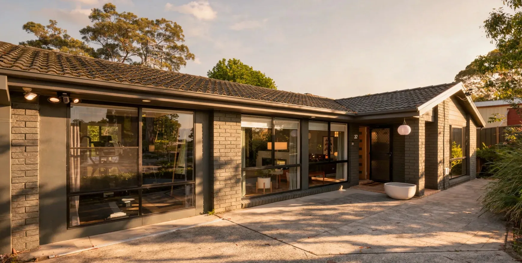 Front of 32 Fern Street, Arcadia Vale: charcoal brick home with a timber entry door at golden hour