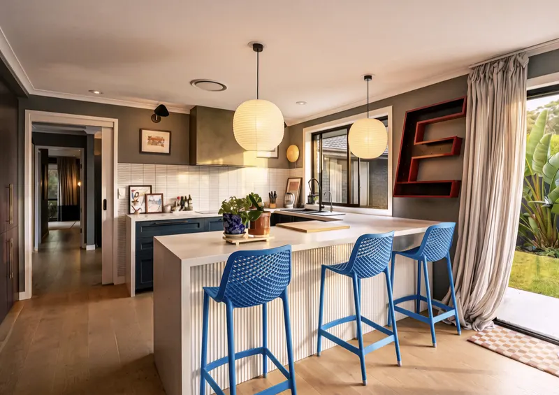 Kitchen island with blue stools