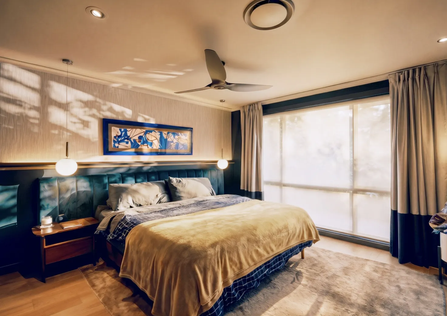 Primary bedroom with upholstered bedhead, globe pendant lights and floor-length curtains