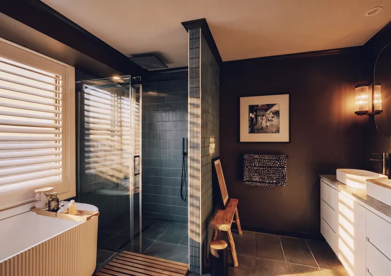 Primary ensuite with soaking tub and walk-in shower