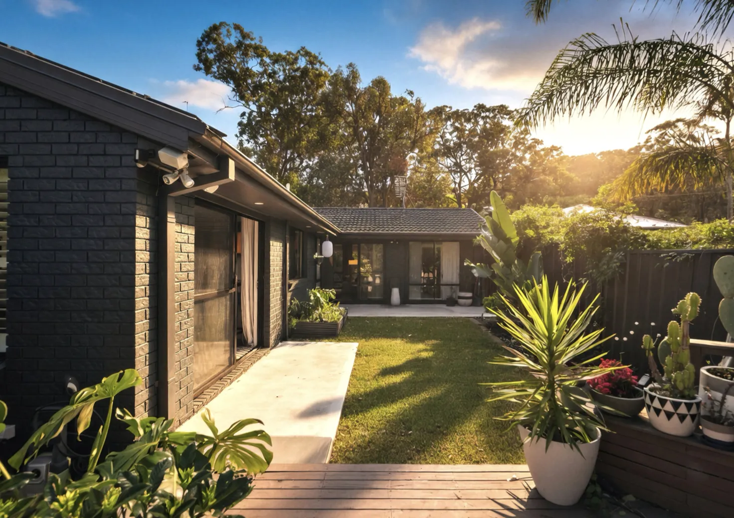 Back lawn and timber deck beside the charcoal brick house, with established trees beyond
