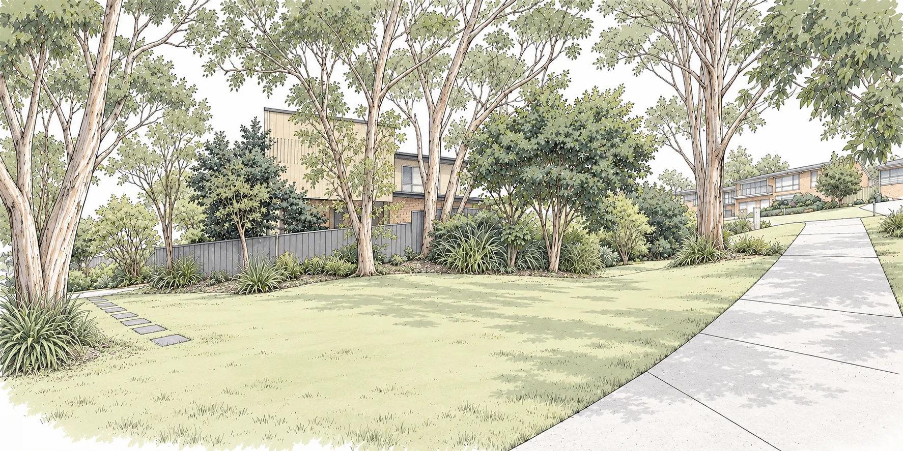 Artist's impression of the front lawn at 32 Fern Street, with established gum trees, a Colorbond fence and the concrete path