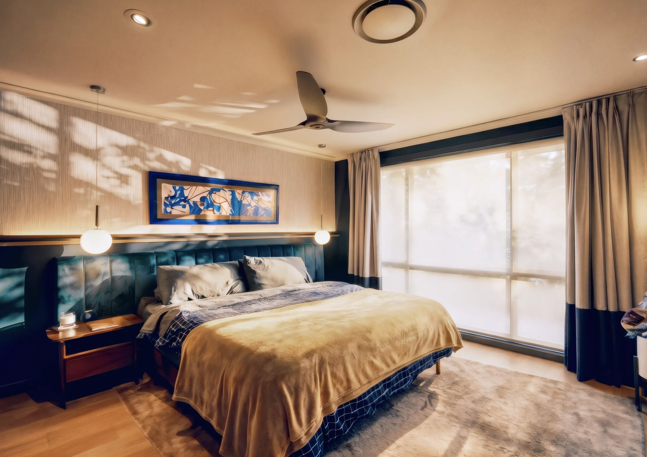 Primary bedroom with globe pendants either side of the bed and an LED strip behind the bedhead