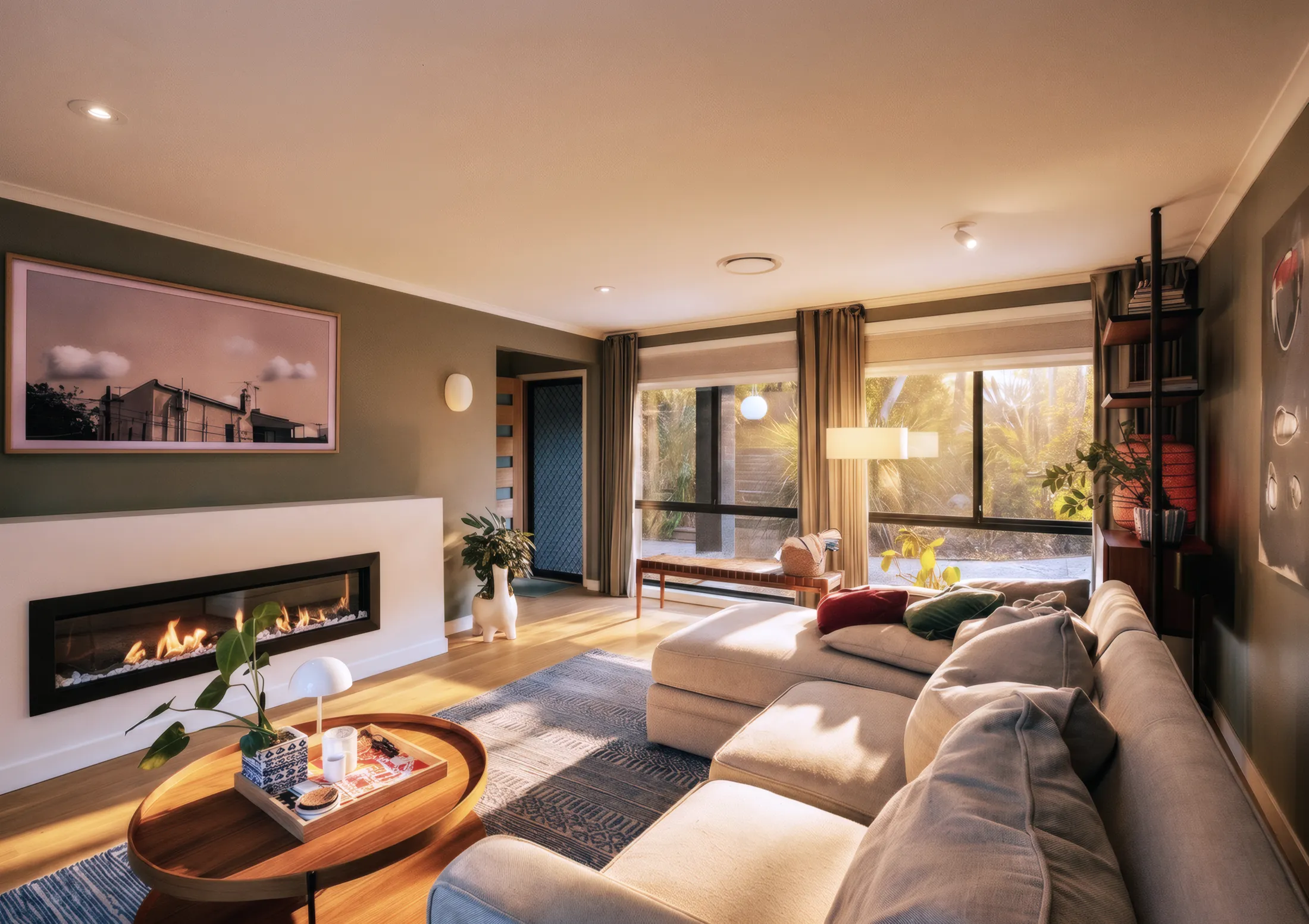 Living room at golden hour, with the electric fireplace, sectional sofa and garden windows
